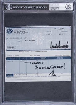1999 Donald Trump Signed &  Inscribed Personal Check For Purchase of White House Illustration (Beckett GEM MT 10)